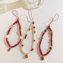 新春醒獅招財搞錢紅色珠珠鏈手機掛繩吊墜掛飾喜慶手機鏈串珠掛件