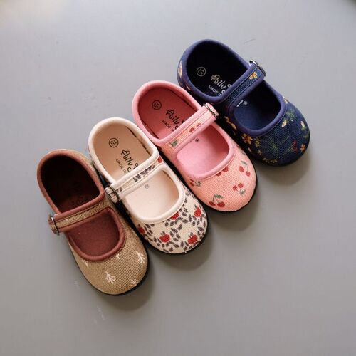 Autumn Corduroy Floral Canvas Shoes Girls Kindergarten Square Mouth Indoor Shoes Soft Sole Anti-Slip 1-8 Years Old