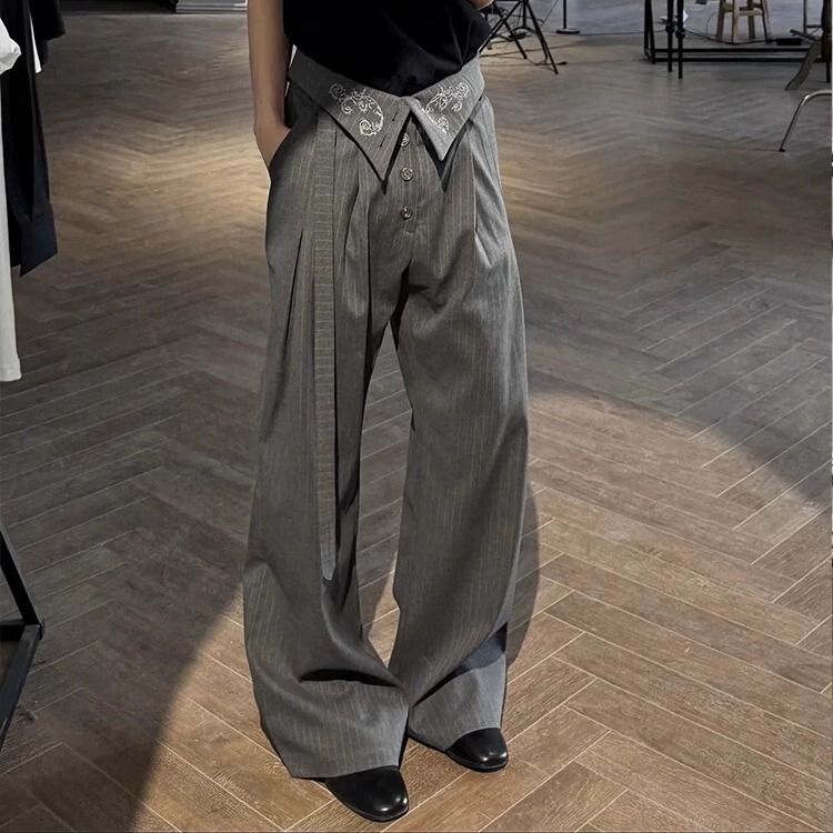 High-Waisted Pleated Embroidered Striped Men's Trousers with a Design Sense, Straight-Leg, Slightly Flared, Kendo Ribbon, Drapey Casual Long Pants