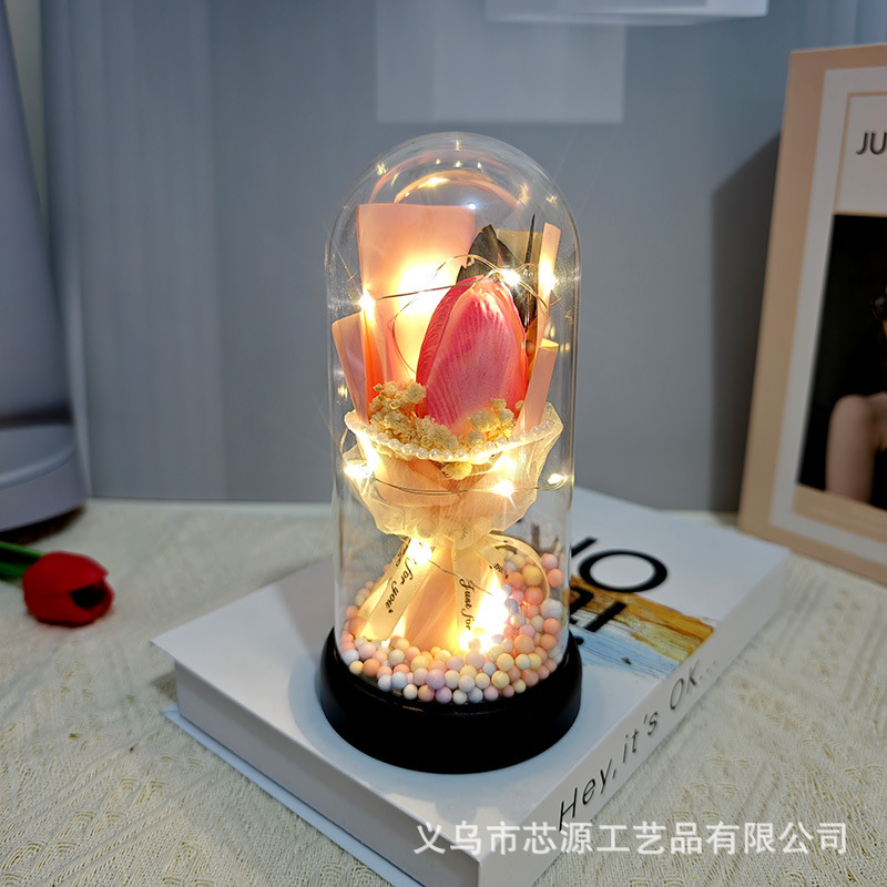母の日 バレンタインデー ギフト バラ カーネーション チューリップ ソープ ガラス カバー ランプ 完成した花束 不滅の花|undefined