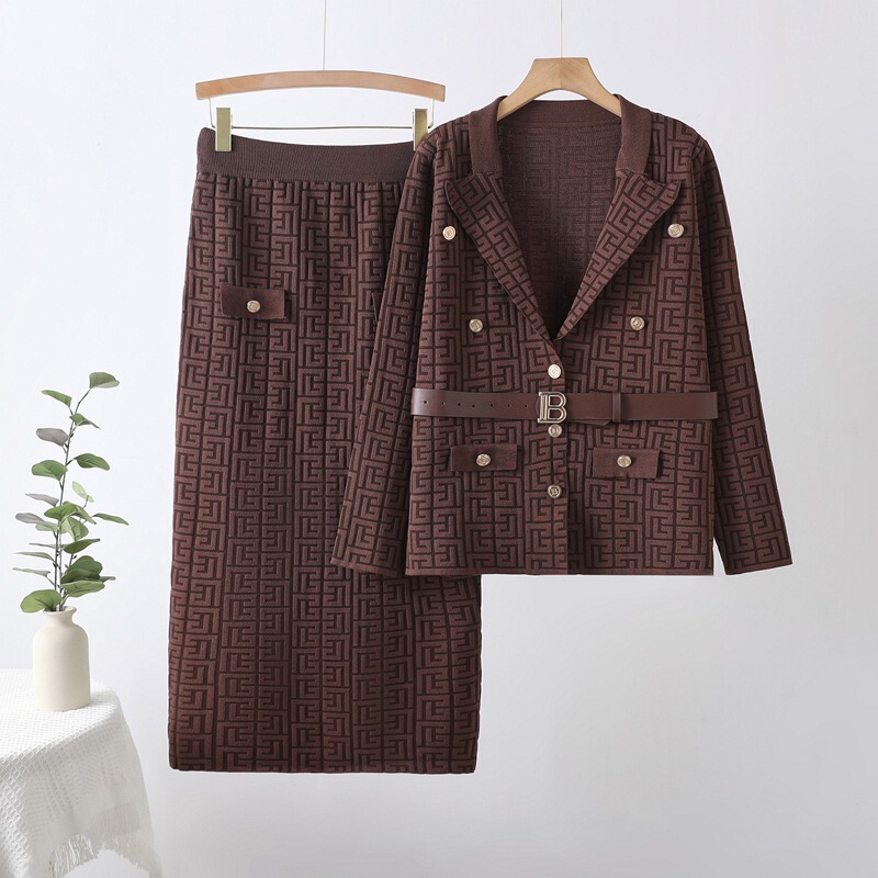 Cross-Border New Comfortable Women's Clothing Maze Jacquard Pattern B-Shaped Buttoned Lapel Waist Knitted Long-Sleeved Pants Suit