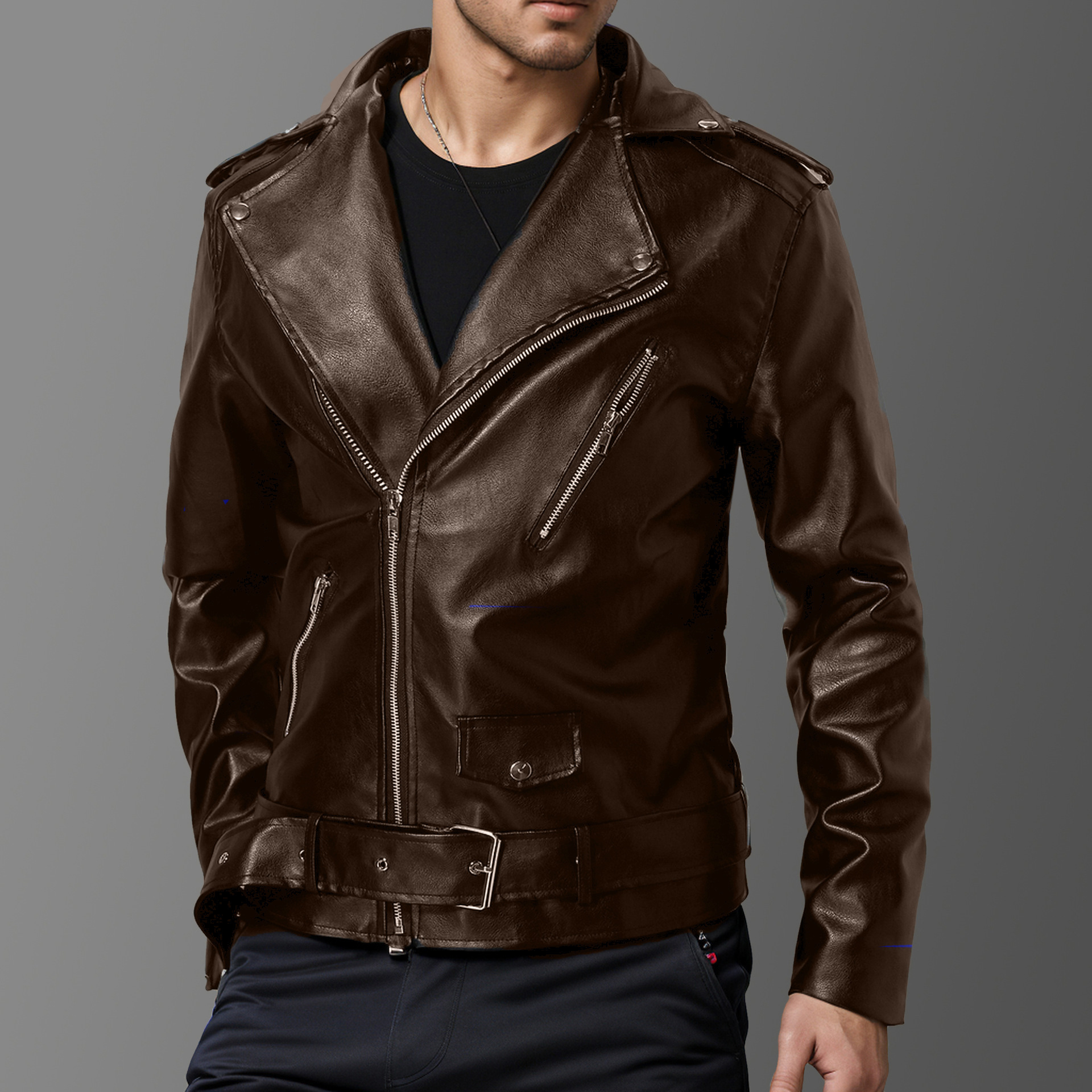 Men's Slim Fit Leather Jacket Lapel Biker Style For Autumn Winter_voghion.com