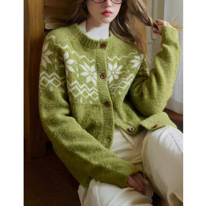 Simpleretro Norwegian Forest Wool Loop Yarn Fair Isle Sweater Women's Autumn Lazy Style Sweater Jacket