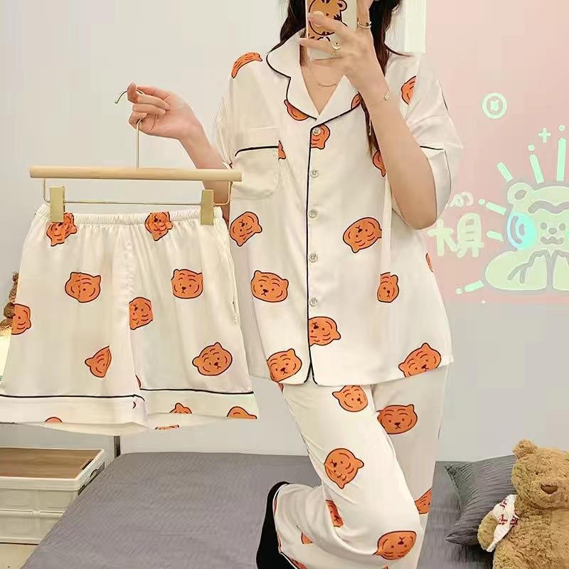 Pijamas de verano para mujer 2025, nuevo conjunto de tres piezas de cárdigan de manga corta, talla grande, delgado, pantalones largos, conjunto de ropa para estar en casa
