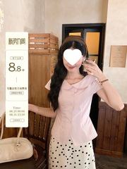 芝士兔 收腰粉色衬衫女夏季小众甜美翻领衬衣洋气显瘦短款上衣ins