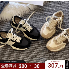 真皮拼色华夫阿甘鞋女2025春季新款厚底系带休闲运动鞋松糕鞋