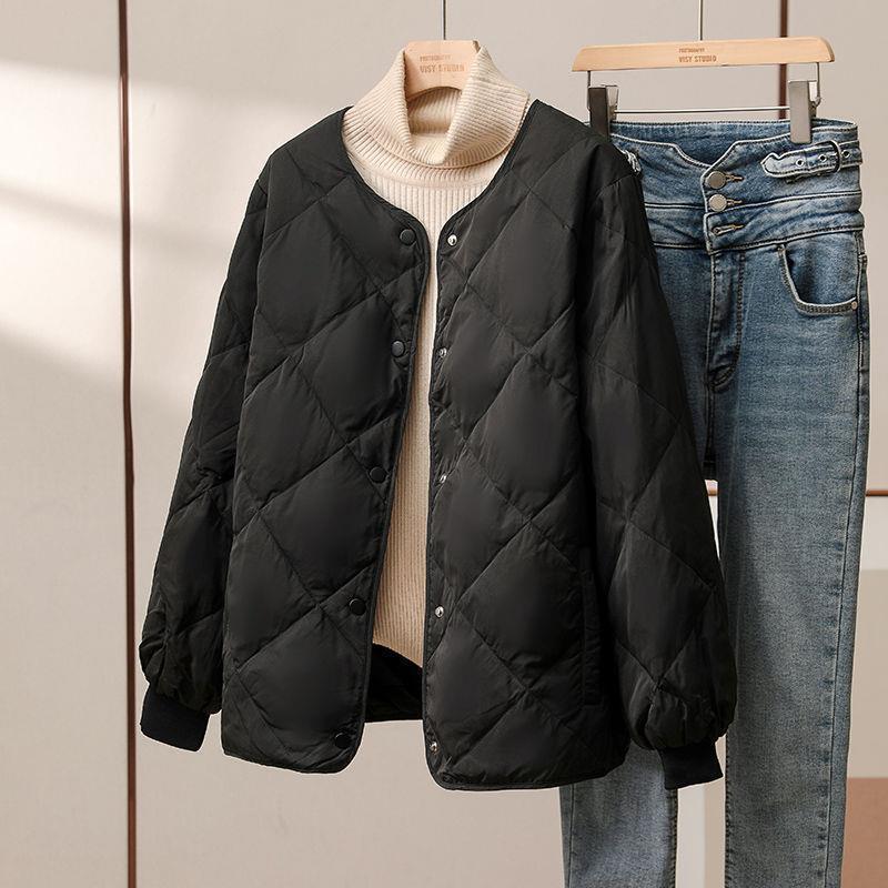 2025新款轻薄羽绒服女短款无领宽松时尚菱格冬装内搭棒球服外套潮