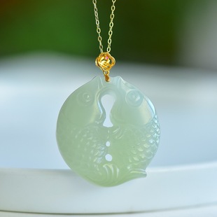 Fubei Diamond Jewelry [18K Gold Inlaid with Natural Hetian Jade Qinghai Material Fish Leaping over the Dragon's Door Pendant] Bare Stone 30*32mm