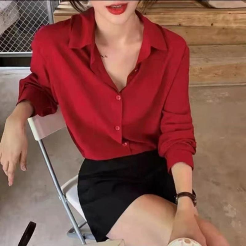 醋酸缎面衬衣女职业装春夏复古港味风设计感小众长袖衬衣白色|undefined
