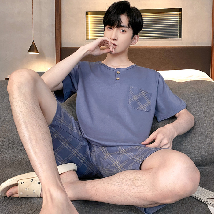 Pijamas de verano de los hombres de algodón artificial de cuello redondo jersey de manga corta pantalones cortos traje casual desgaste del hogar se puede usar fuera supermercado