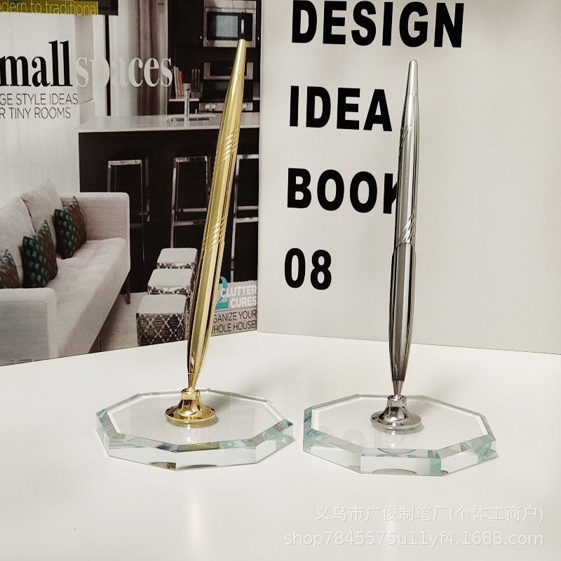 Rotatable metal desk pen holder for office desk, high aesthetic value, adhesive fixed desk pen holder with crystal base, acrylic signing pen stand