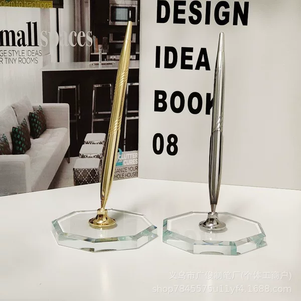 Rotatable metal desk pen holder for office desk, high aesthetic value, adhesive fixed desk pen holder with crystal base, acrylic signing pen stand