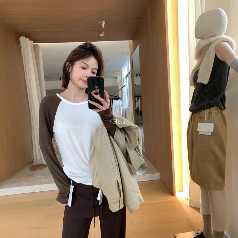 Hers sweet early autumn Korean style simple basic color-block versatile slim-fit round-neck long-sleeve women's T-shirt 66612 Hers sweet early autumn Korean style simple basic color-block versatile slim-fit round-neck long-sleeve women's T-shirt 66612