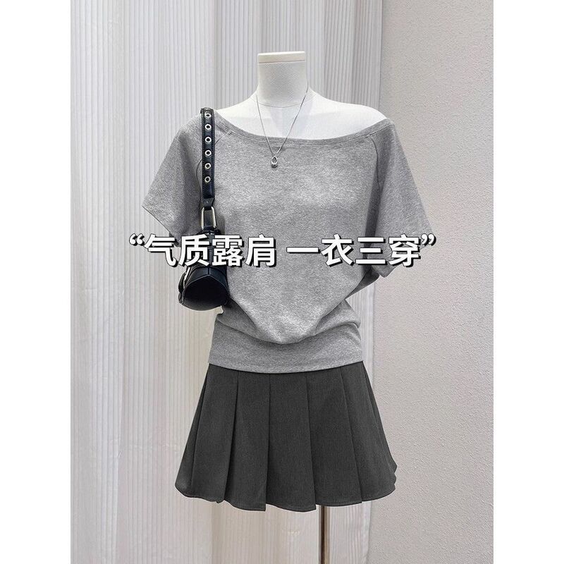 Super Soft Modal Cotton Off-Shoulder Multi-Wear Style One-Shoulder Neckline Short-Sleeve Women's Summer Pure Desire Spicy Girl Base Top
