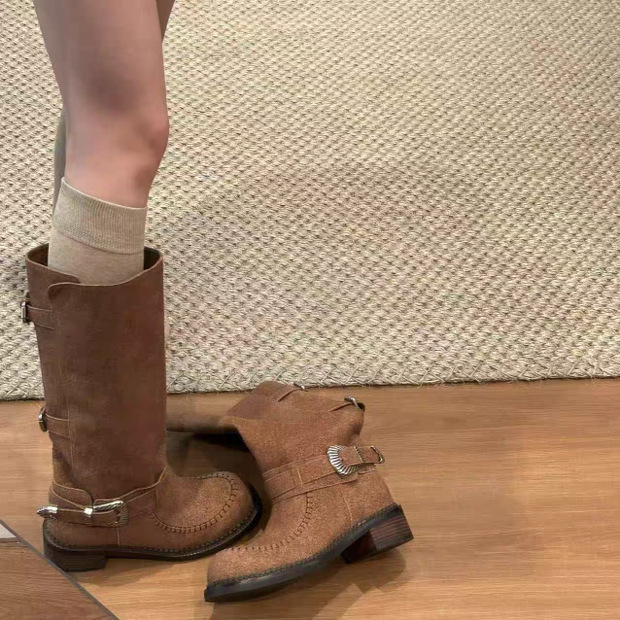美拉德风复古堆堆靴西部牛仔靴高筒骑士靴女不过膝靴子高跟长筒靴|undefined