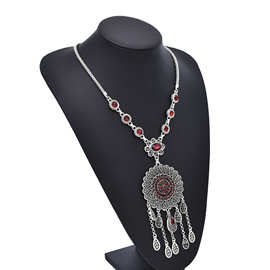 欧美波西米亚民族风流苏水滴吊坠项链高贵水钻耳环饰品两件套