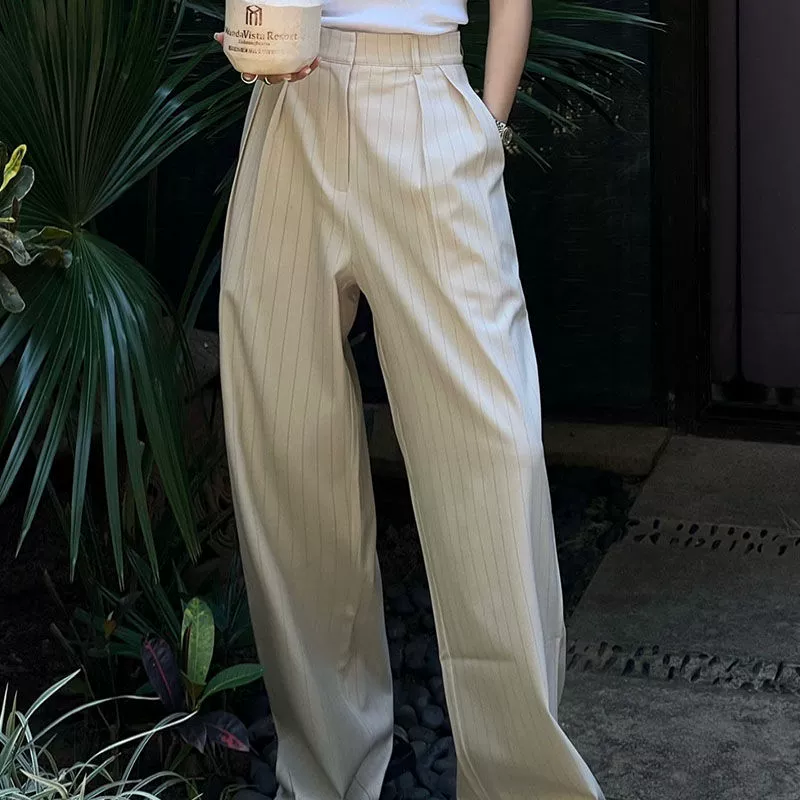 2025 Весна-Осень Новые Простые Удобные Широкие Брюки с Вертикальными Полосками Женские Минималистичные Повседневные Брюки в Пол