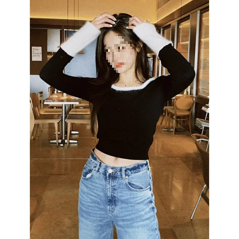 Черная короткая рубашка с квадратным вырезом для женщин, весна-осень 2025, новый дизайн, нишевая внутренняя одежда, тонкий вязаный свитер