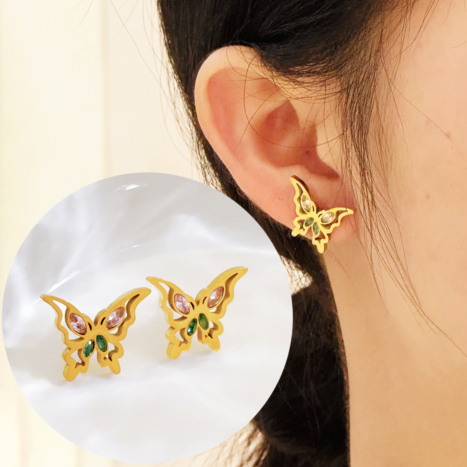 Zircon, diamante de color, mariposa, acero de titanio, pendientes, mujeres, estilo de lujo ligero europeo y americano, temperamento dorado, moda, no se desvanece, joyería de estilo frío