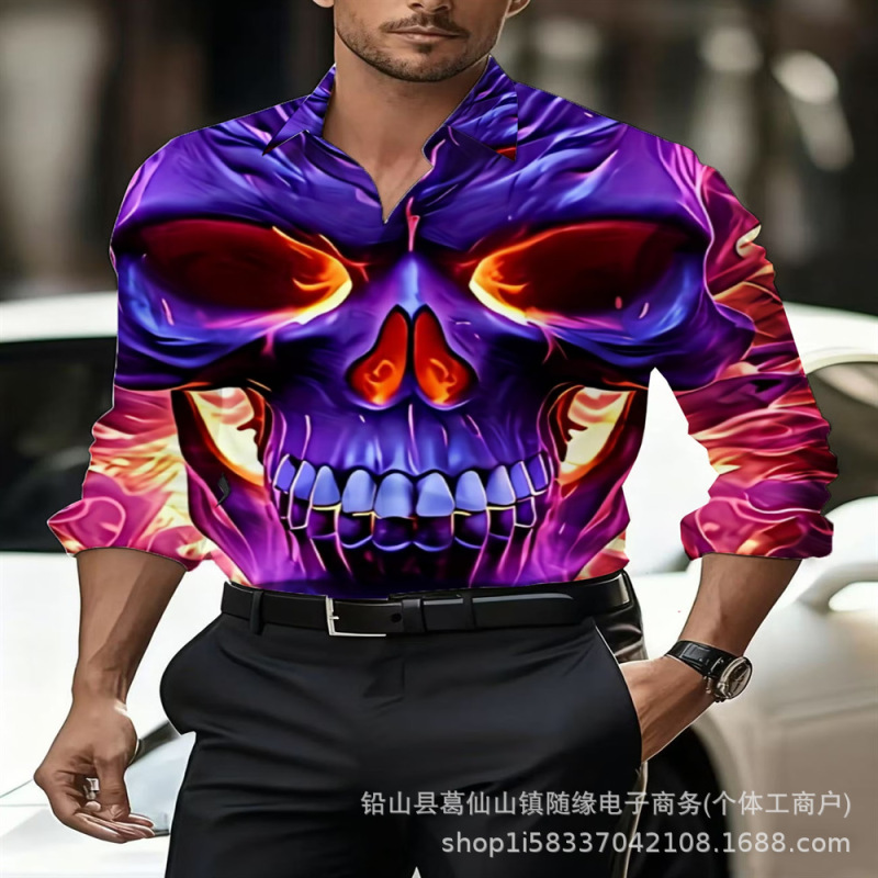 2026 Rock Style Skull Guitar Print Stand Collar Long Sleeve Shirt Orange Texture Punk Band Men's Shirt 2026 Rock Style Skull Guitar Print Stand Collar Long Sleeve Shirt Orange Texture Punk Band Men's Shirt
