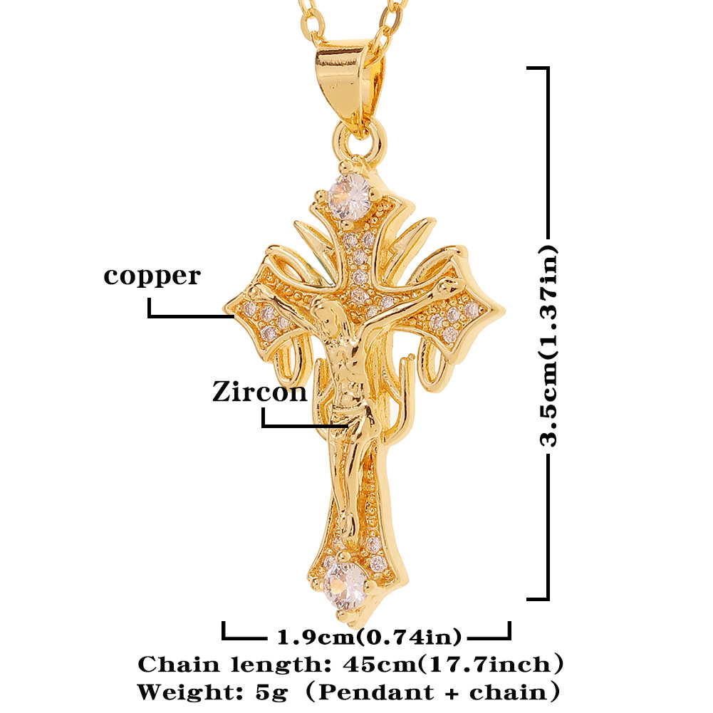 Religious Copper Inlaid Zircon Cross Pendant Jesus Design Necklace Clavicle Chain display picture 1