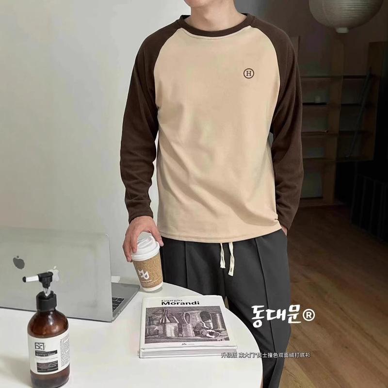 Dongdaemun Boyfriend Shirt 5.0 Men's Contrast Double-sided Fleece Base Shirt Raglan Sleeve Round Neck T-shirt Loose Lazy Top