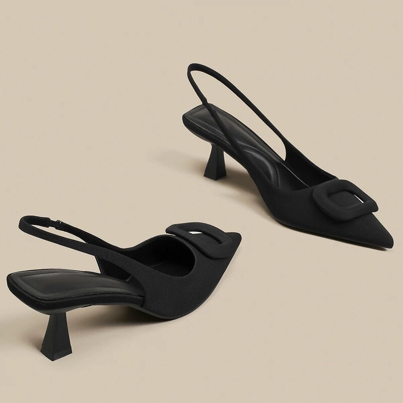 High-Heeled Shoes for Women with Thin Heels, Square Buckle, Versatile Women's Shoes, Fashionable 2025 Summer New Style, Hong Kong Style, Silver Pointed Toe High-Heeled Shoes for Women with Thin Heels, Square Buckle, Versatile Women's Shoes, Fashionable 2025 Summer New Style, Hong Kong Style, Silver Pointed Toe
