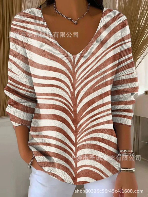 欧美跨境独立站新款3D印花女士时尚渐变色V领长袖T恤上衣|undefined