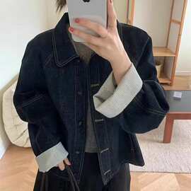 韩系小众设计感袖口拼接条纹翻领牛仔外套女秋季新款时尚百搭上衣