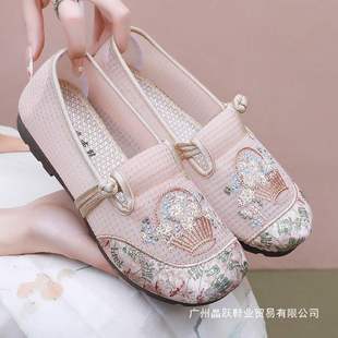 2025 New Old Beijing Cloth Shoes Women's Summer Embroidered Shoes Ethnic Style Han Dynasty Mom's Shoes Middle-Aged and Elderly Mesh Women's Shoes