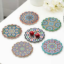 厂家生产欧美风格曼陀罗陶瓷吸水杯垫圆形花边日用厨餐专用隔热垫