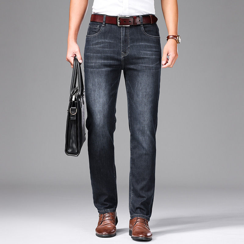 Cuatro Estaciones Nueva jeans stretch algodón regular transpirable simple hombres de negocios alta cintura suelta pantalones mezclilla recta