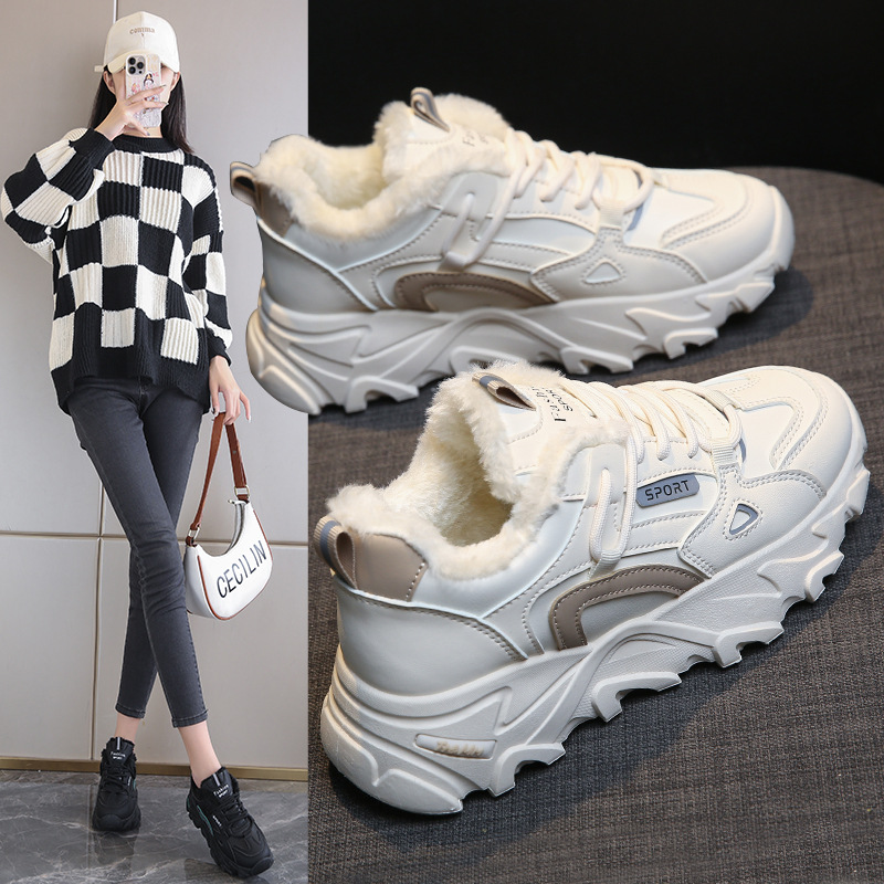 Autumn Winter Korean Women's Leather Top Plush Dad Lightweight and Casual Thick Soft Sole Sports Versatile Little White_voghion.com