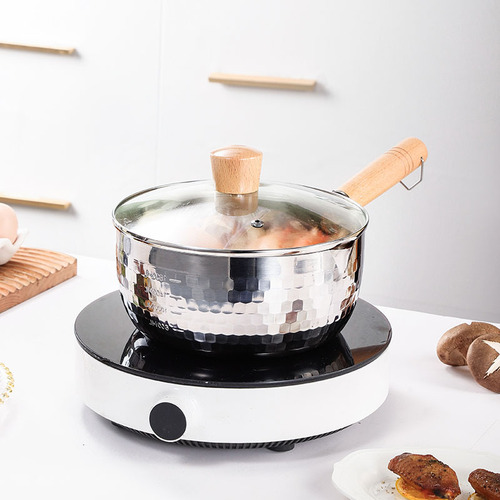 Live streaming assisted frying instant noodle pot with wooden handle, no coating, suitable for baby food, hammered stainless steel Japanese Yukihira pan