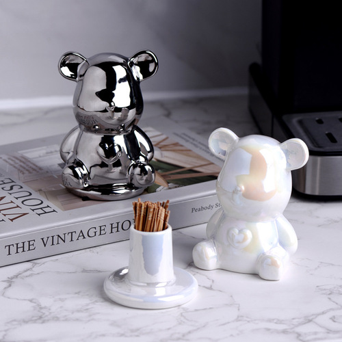 High-quality, stylish, minimalist, bear-shaped toothpick jar, ceramic, luxury, household cotton swab holder, floss box, creative, personalized, cute