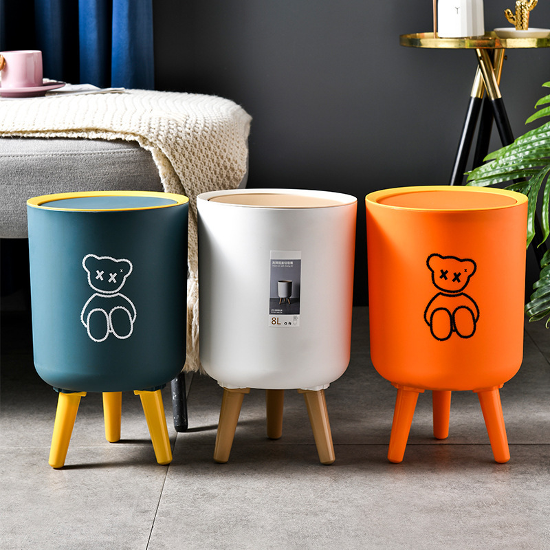 High-stand trash can, household creative with lid, push-button, living room, bathroom, toilet, Nordic-style, imitation wood grain trash can