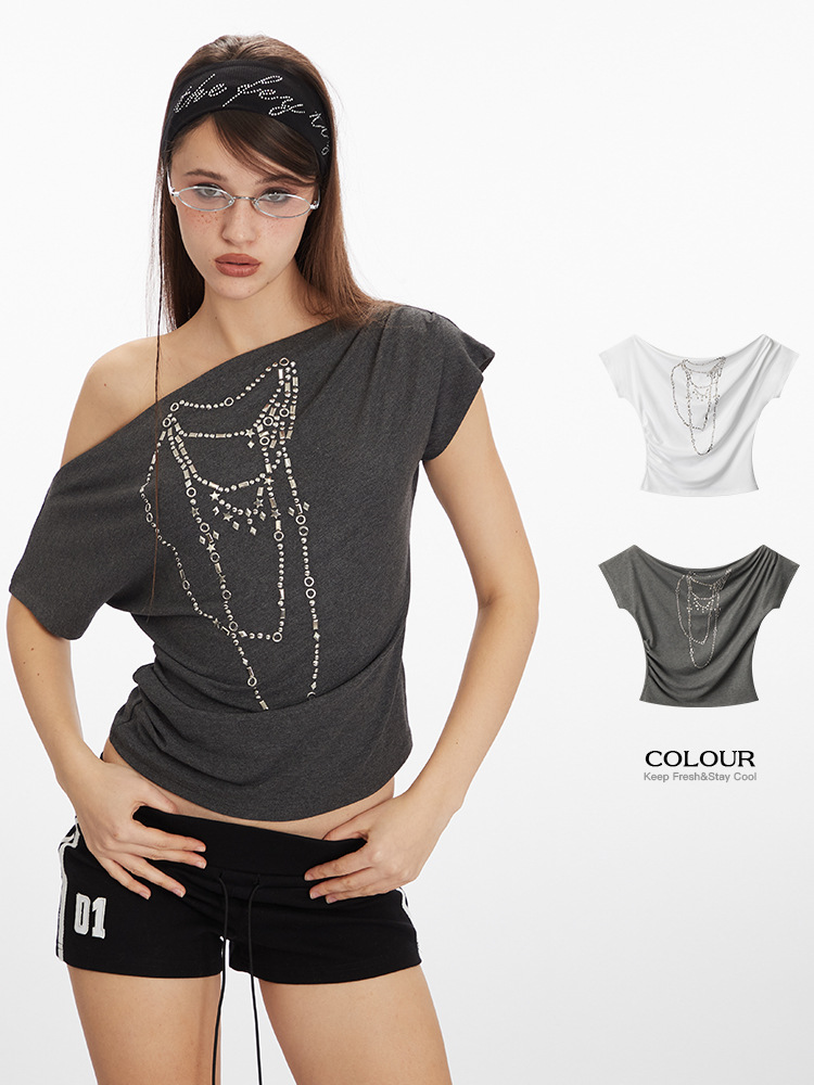 HeyHenry 斜め襟デザインワンショルダーホットガールショート Tシャツ 2025 新しい夏の半袖オフショルダートップ女性のための