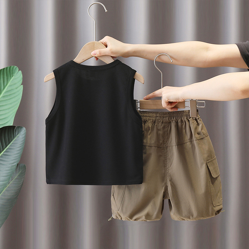 5603 traje de chaleco para niños 2025 nuevos pantalones cortos de herramientas de verano para niños de dos piezas, estilo de verano fresco y atractivo para bebés