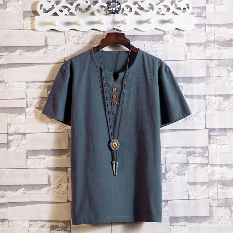 中国風亜麻tシャツ男性半袖夏純色綿麻半袖vネックシャツ中国式男性服百合上着