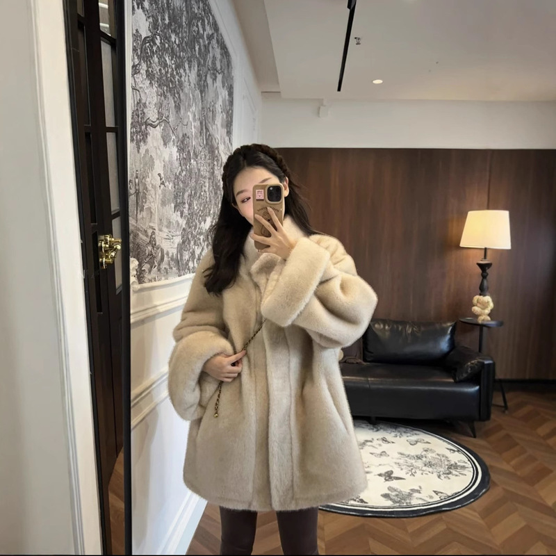 Mink plush mid-length stand collar fur one-piece Korean style sleeve mid-ancient two-color fur winter fur coat for women