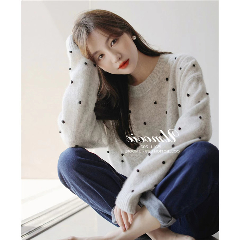 Spring and Autumn New Loose Round Neck Wool Knitwear Women's Fashion Western Style Wave Dot Sweater Base Fashion Shirt Top Trendy Spring and Autumn New Loose Round Neck Wool Knitwear Women's Fashion Western Style Wave Dot Sweater Base Fashion Shirt Top Trendy
