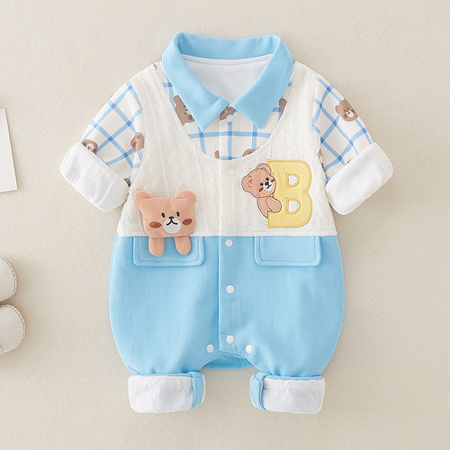 Baby Spring New Double Cartoon Onesie for Newborn Boys, Autumn/Winter Comfort Korean Style Crawling Suit