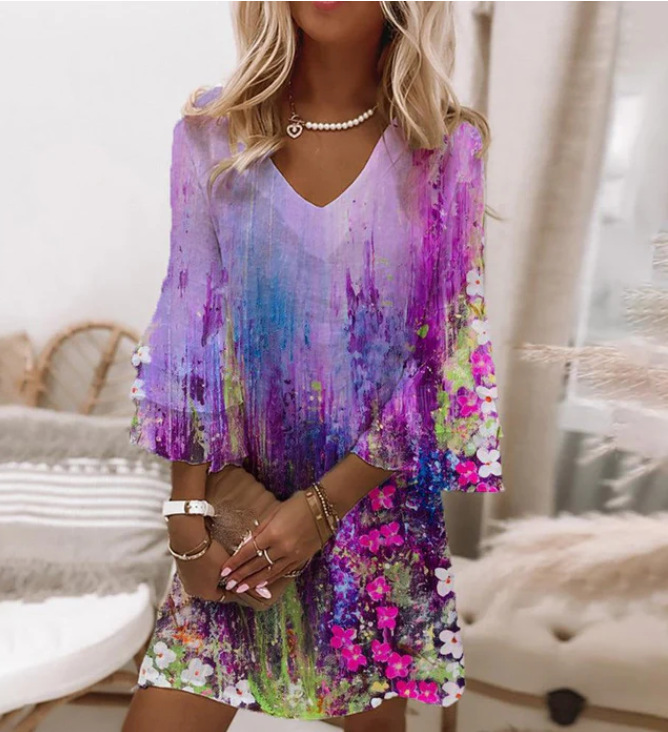 Nuevo estilo transfronterizo europeo y americano Amazon AliExpress Wish estampado fresco con cuello en V 3/4 manga mini vestido de mujer image 38