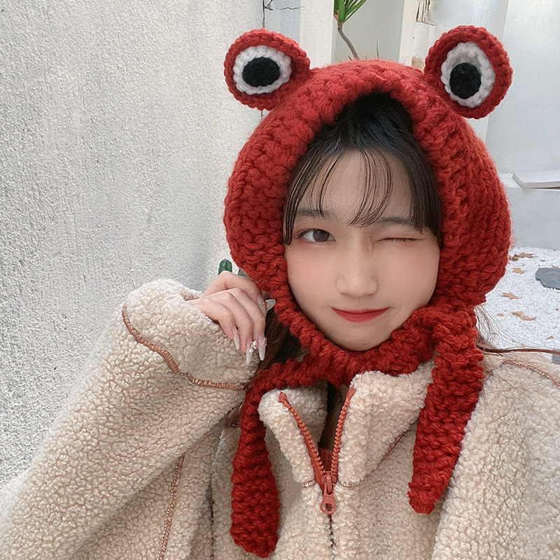 Estilo coreano ins dulce lindo sombrero de lana de punto Otoño e Invierno grandes ojos Rana sombrero cabeza cubierta caliente orejeras moda