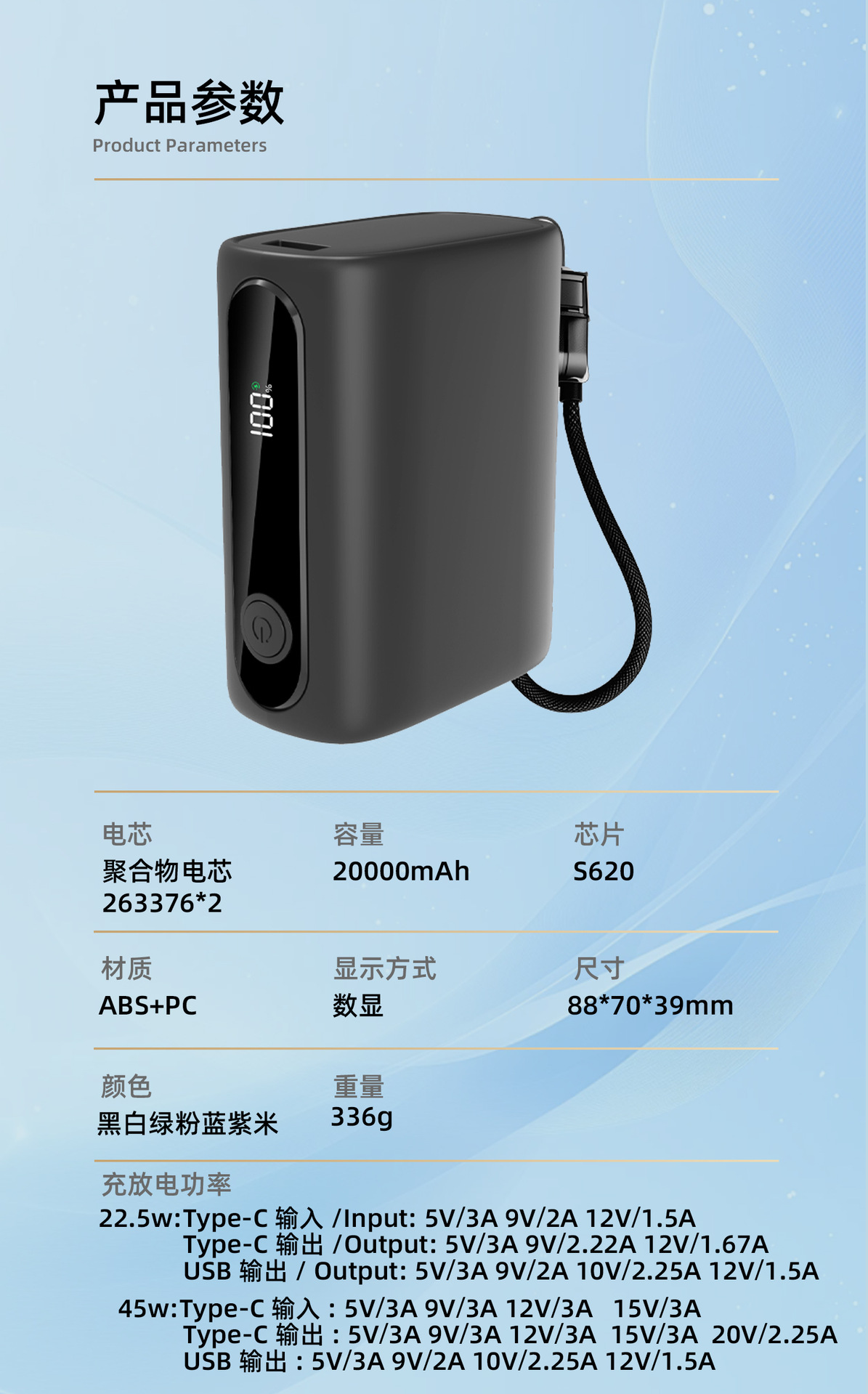 3C Certified 20000mAh Fast Charging High-Capacity Power Bank Custom Powerbank with Built-in Cable Cross-border 45W