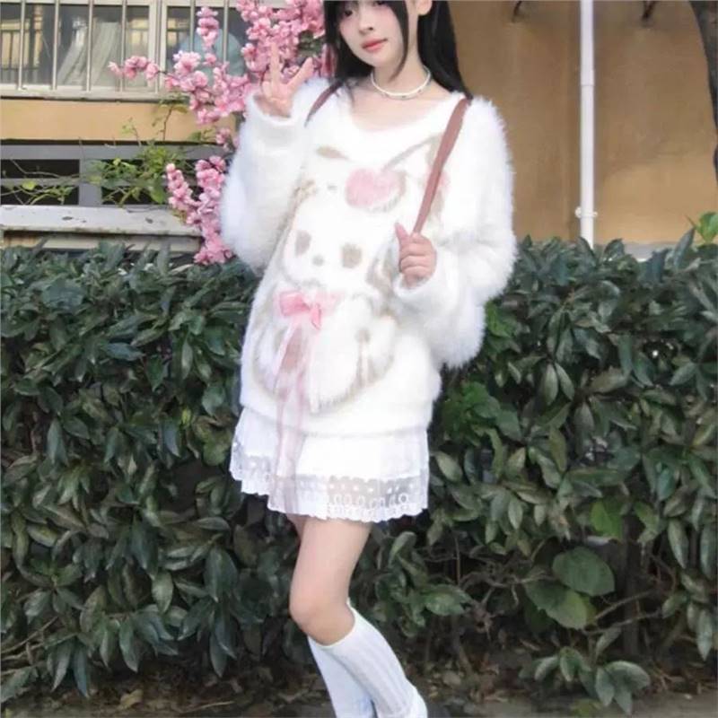 慵懒风可爱兔子软糯糯毛衣女秋冬季仿貂毛设计感小众甜美韩系上衣