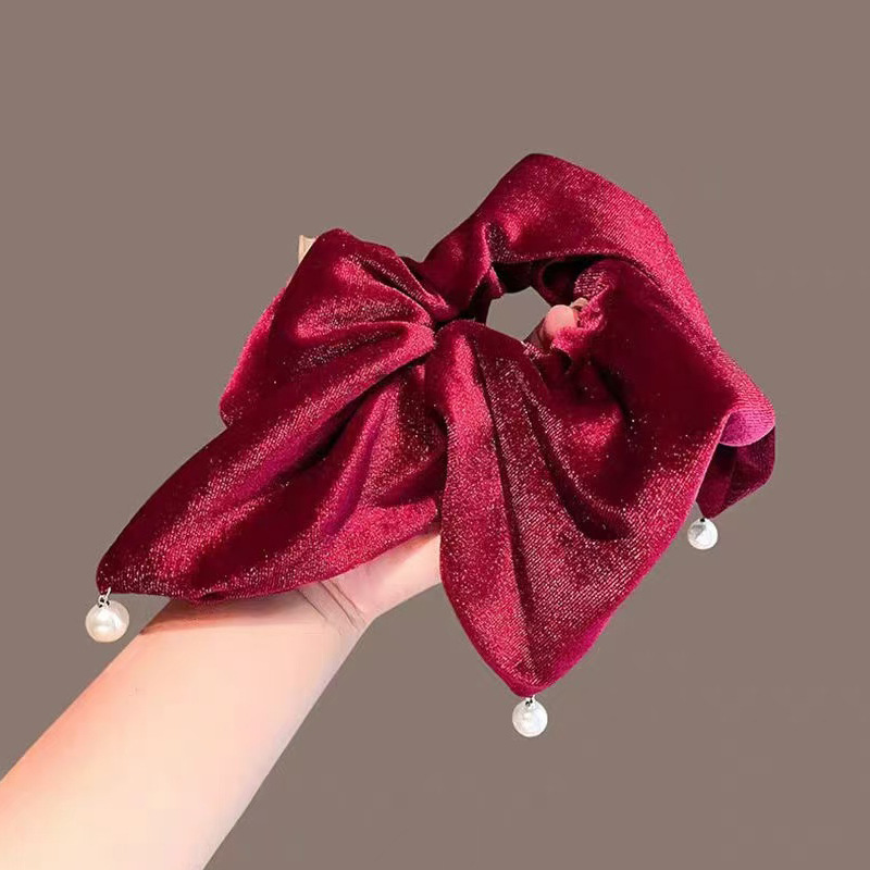 117 Бархатный квадратный шарф с бусинами для волос, красный