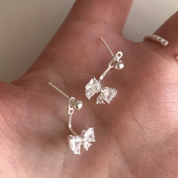 镀银针耳后耳环锆石蝴蝶结挂式耳钉女精致简约甜美百搭高级感耳饰|undefined