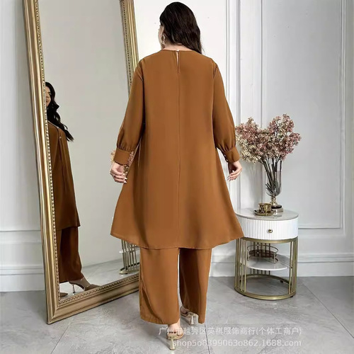Amazon Middle East Dubai Loose Casual Solid Color Crew Neck Button Long Dress Woman Set Fashion Office Wear