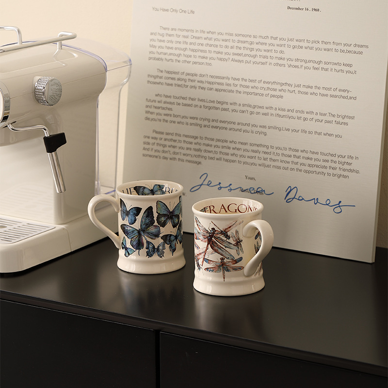 Taza de mariposa francesa Taza retro de gran capacidad Taza de agua de oficina Taza de desayuno Taza de leche Taza de cerámica Taza de agua INS